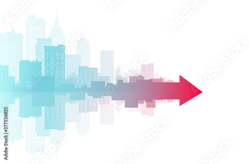 Vector banner of a cityscape merging into red arrow