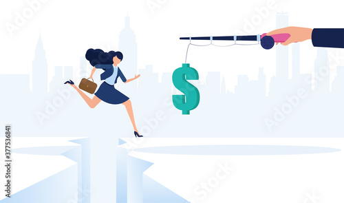 Vector of a business woman jumping over cliff gap towards a dangling dollar symbol