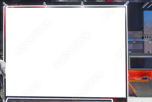 LED flat smart TV presentation at event convention exhibit trade show and booth in conference hall, white Mock up or white blank advertising background