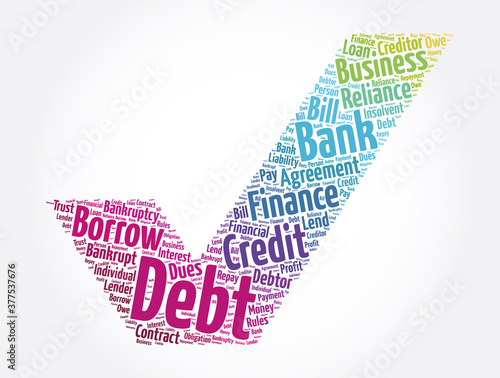 Debt check mark word cloud collage, business concept background