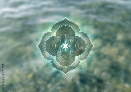 Vector background, template of banner, poster, cover and etc. for yoga, meditation and relax. Spiritual sacred geometry mandala on blurred backdrop with seawater.