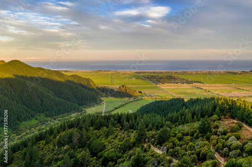 Aerial view over Cloudy Bay / Te Koko-O-Kupe at dusk, South Island, New Zealand