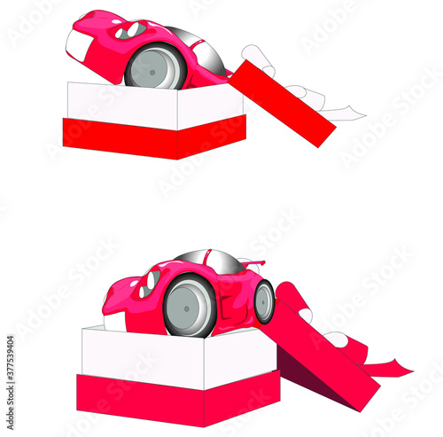 vector illustration of a red car in a gift box