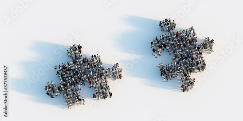 Tableau sur toile Two groups of people shaped in puzzle pieces joining together.