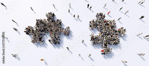 Two groups of people shaped in puzzle pieces joining together.
