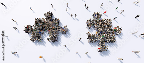 Photography Two groups of people shaped in puzzle pieces joining together.