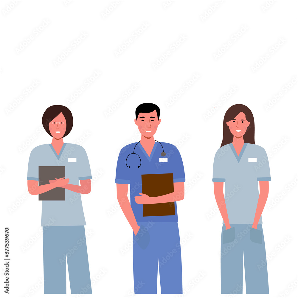 Group of cartoon doctors in flat style. Medical team of men and women in the hospital.
Vector concept. Medical modern design. business meeting of doctors.