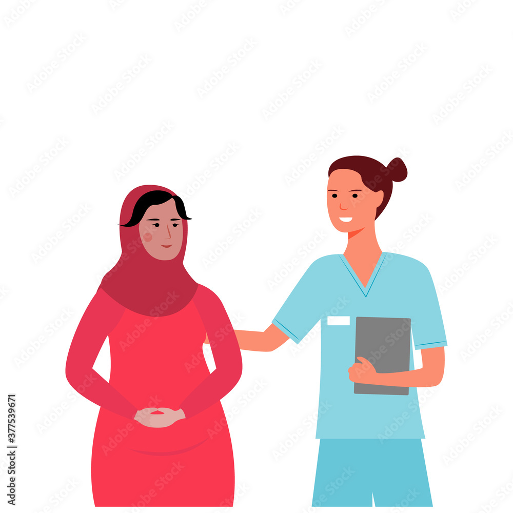 Cartoon female doctor encourages a pregnant woman during a consultation. Flat vector. Medicine concept. a young pregnant girl came to the doctor for medical advice and help.
Cartoon female doctor encourages a pregnant woman during a consultation. Flat vector. Medicine concept. a young pregnant girl came to the doctor for medical advice and help.