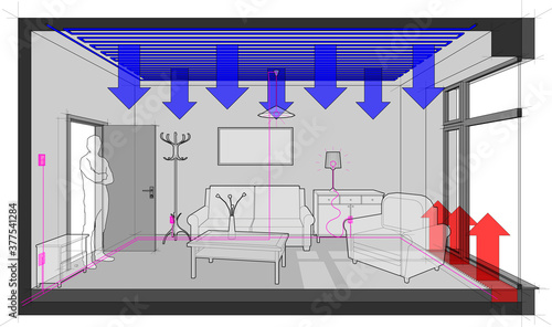 empty room with french window and ceiling cooling and floor heating convector and furniture with electric installations