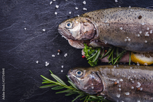 fresh rainbow fish trout on black stone background with vegetables 