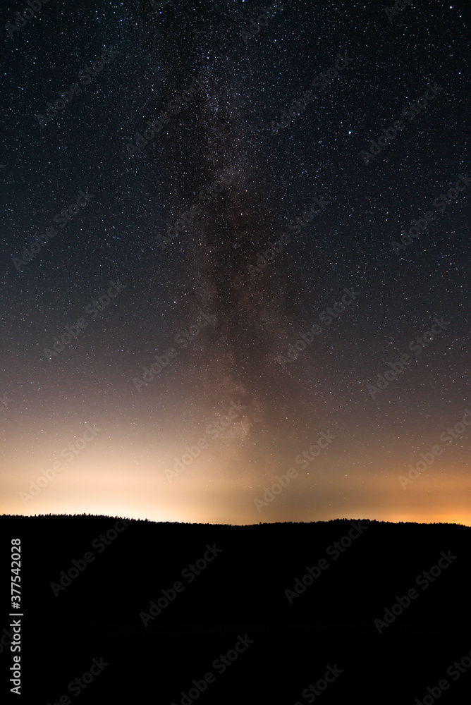 Milky Way above forest silhouette in clear dark night sky