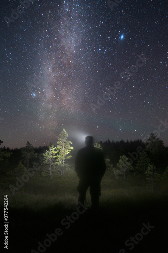 Person silhouette with headlamp in forest looking out under clear night sky with Milky Way and stars © Ansel