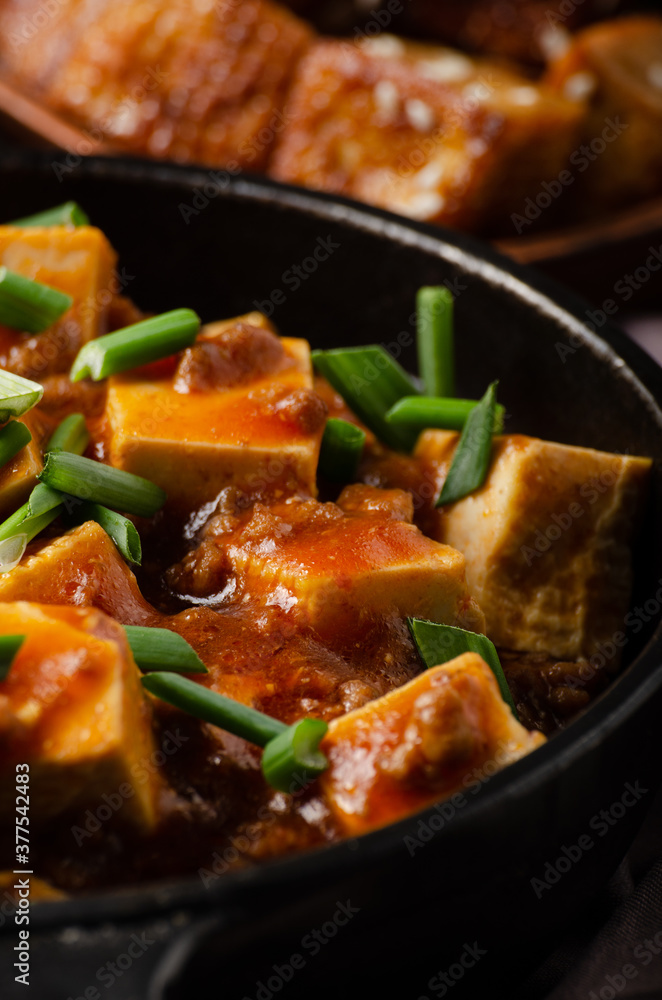 Mapo tofu in cast iron skillet with pork chopped chives soy sauce sichuan pepper garlic and spices