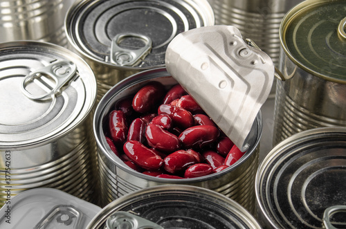 Canned red kidney beans in just opened tin can. Non-perishable food