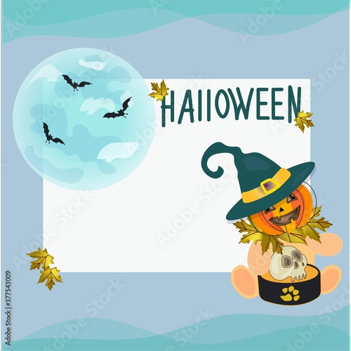Halloween card with pumpkin in witch hat. Teddy bear with a treat on the background of the moon and bats. Vector design with blue background and autumn leaves.