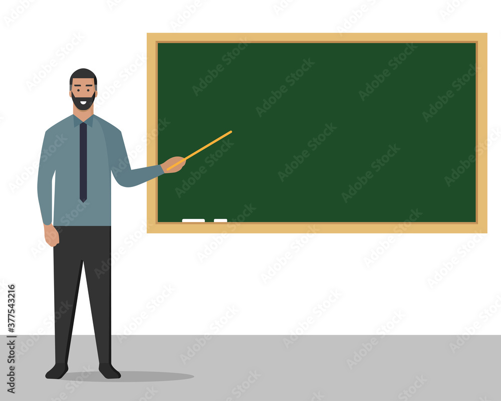 Profesor explicando la clase parado a lado de una pizarra en blanco. Educación en una institución educativa. Estilo plano. Ilustración vectorial Profesor explicando la clase parado a lado de una pizarra en blanco. Educación en una institución educativa. Estilo plano. Ilustración vectorial