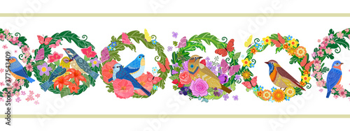 horizontal seamless border with floral wreaths. birds and flying