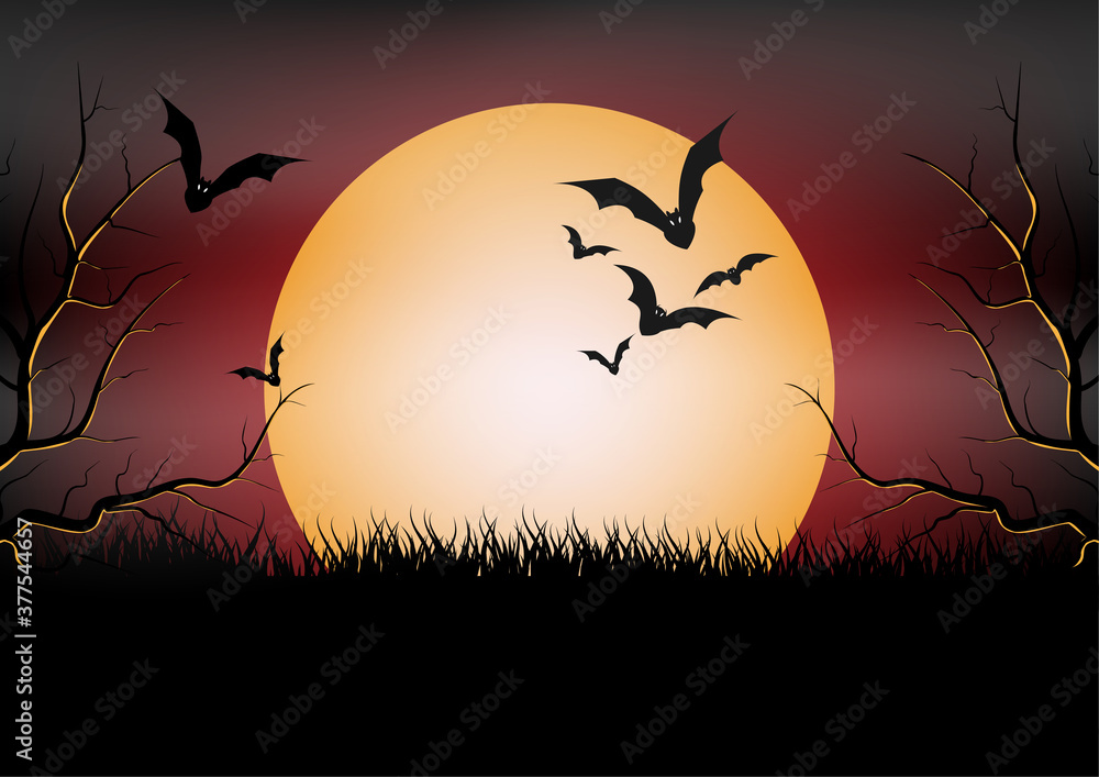 Halloween party banner, Full Moon, and bat at the night.