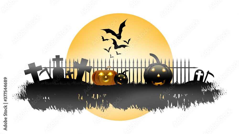 Halloween party banner, Full Moon, Pumpkins and bat in the graveyard.