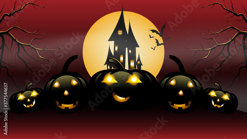 Halloween party banner, Full Moon, Haunted House, and Pumpkins at the night.