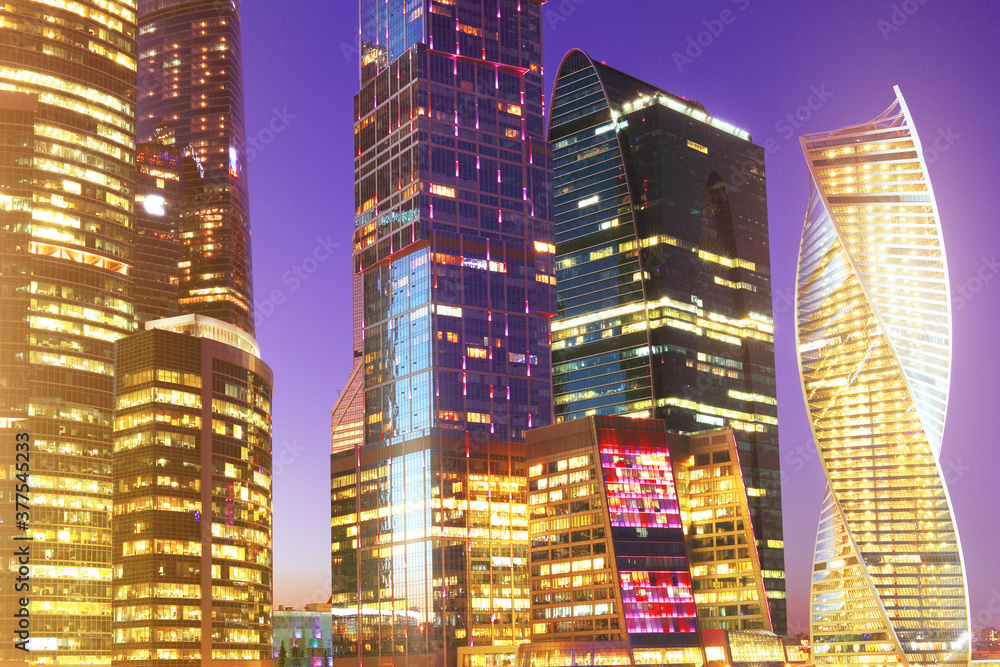 High modern Moscow City skyscrapers at night