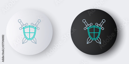 Line Medieval shield with crossed swords icon isolated on grey background. Colorful outline concept. Vector.
