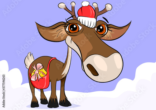 Cartoon reindeer with a santa hat and gifts in a bag on a snowy background hand drawn vector illustration greeting card for Christmas