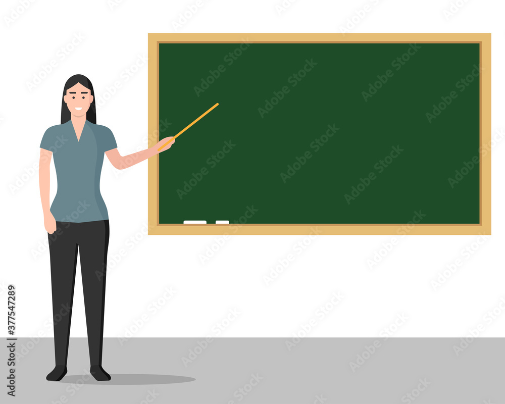 Profesora explicando la clase parada a lado de una pizarra en blanco. Educación en una institución educativa. Estilo plano. Ilustración vectorial Profesora explicando la clase parada a lado de una pizarra en blanco. Educación en una institución educativa. Estilo plano. Ilustración vectorial