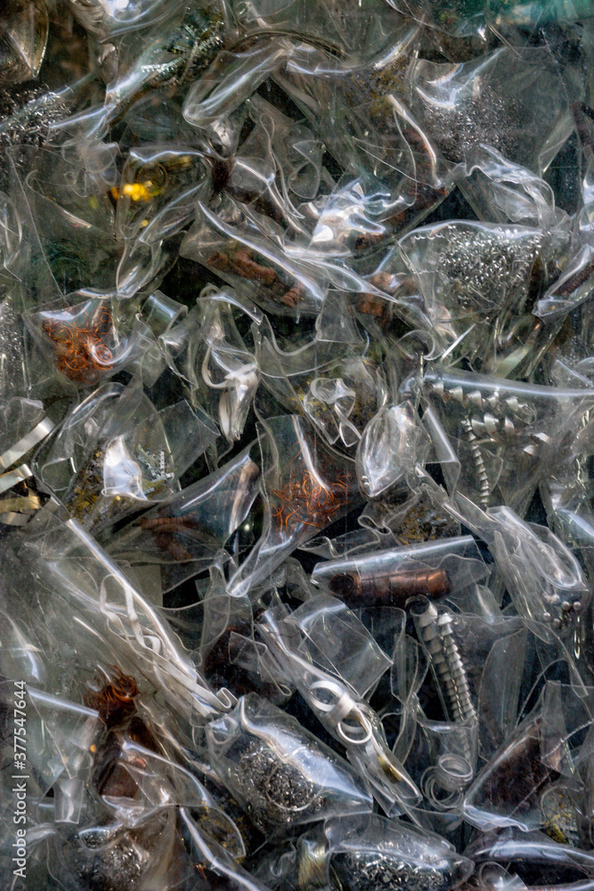 Closeup of random plastic recyclables and trash