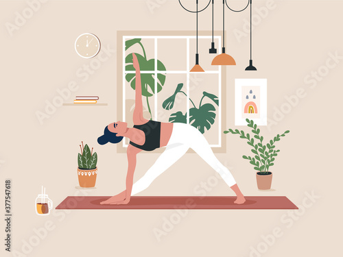 Fototapeta samoprzylepna Young woman doing yoga exercises, practicing meditation and stretching on the mat. Female character practicing in yoga studio or home. Trendy flat vector illustration.