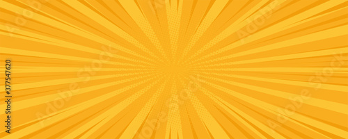 Pop art comic yellow background. Summer backdrop. Sunbeam Pattern yellow colored. Vintage vector halftone illustration. EPS 10