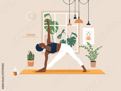 Young african american woman doing yoga exercises, practicing meditation and stretching on the mat. Black female character practicing in yoga studio or home. Trendy flat vector illustration.
