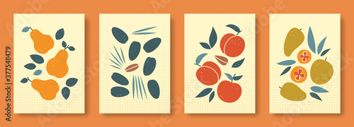 Vector illustration abstract still life of fruits in pastel colors. Collection of contemporary art. Vector set of fruits pear date fruit peach mango for social media, posters, postcards.