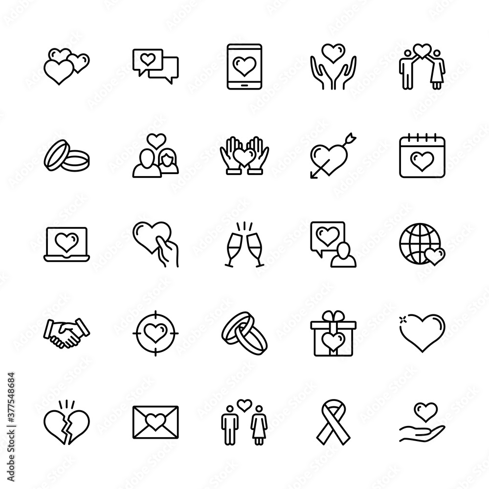 Simple set romance vector linear icons. Love and heart, wedding ring, romantic letter, happy couple, friendship, gift and more. Isolated collection of love for web sites icon on white background. Simple set romance vector linear icons. Love and heart, wedding ring, romantic letter, happy couple, friendship, gift and more. Isolated collection of love for web sites icon on white background.