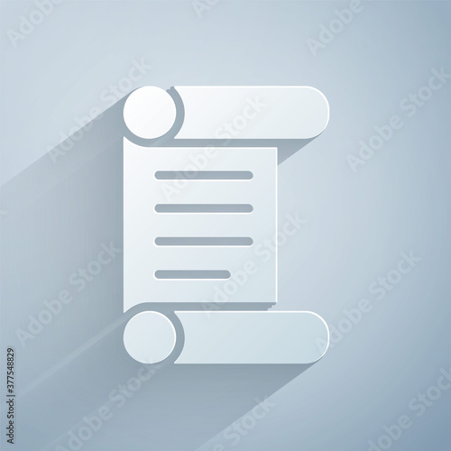 Paper cut Decree, paper, parchment, scroll icon icon isolated on grey background. Paper art style. Vector.