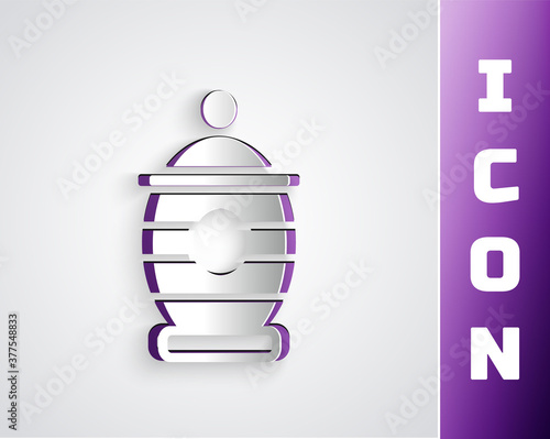 Paper cut Funeral urn icon isolated on grey background. Cremation and burial containers, columbarium vases, jars and pots with ashes. Paper art style. Vector.