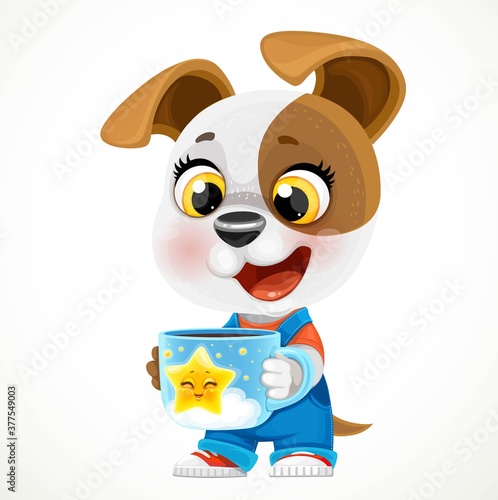 Cute cartoon baby dog with cup of hot tea or coffee isolated on a white background