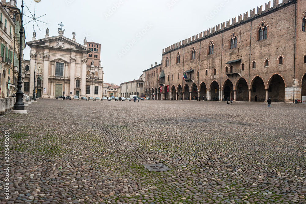 The famous square Piazza Sordello and Cathedral of San Pietro apostolo in Mantua, Lombardy, Italy