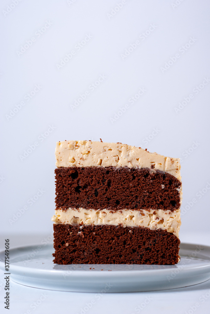 Plate with slice of tasty homemade chocolate cake on a white table Plate with slice of tasty homemade chocolate cake on a white table