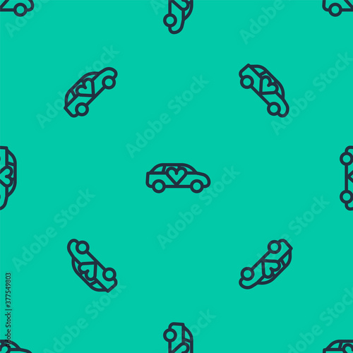 Blue line Luxury limousine car icon isolated seamless pattern on green background. For world premiere celebrities and guests poster. Vector.