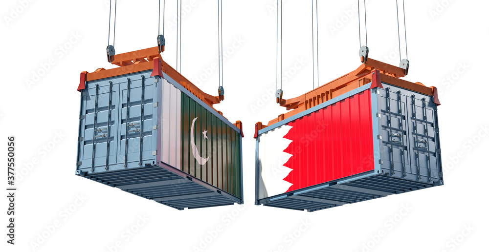 Freight containers with Bahrain and Pakistan flag. 3D Rendering Freight containers with Bahrain and Pakistan flag. 3D Rendering