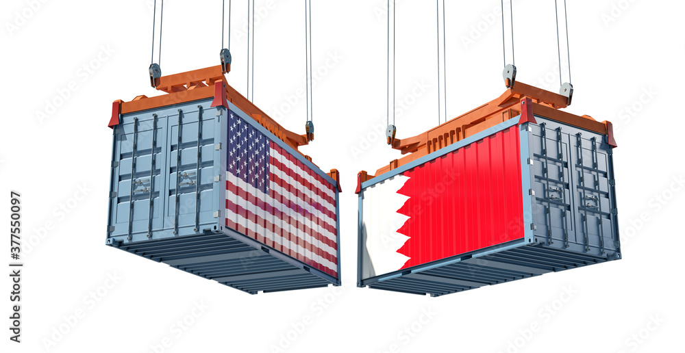 Freight containers with Bahrain and USA flag. 3D Rendering 