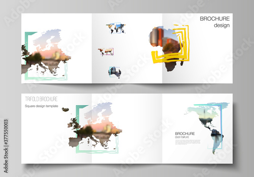 Vector layout of square format cover templates for trifold brochure, flyer, cover design, book design, brochure cover. Design template in the form of world maps and colored frames, insert your photo.