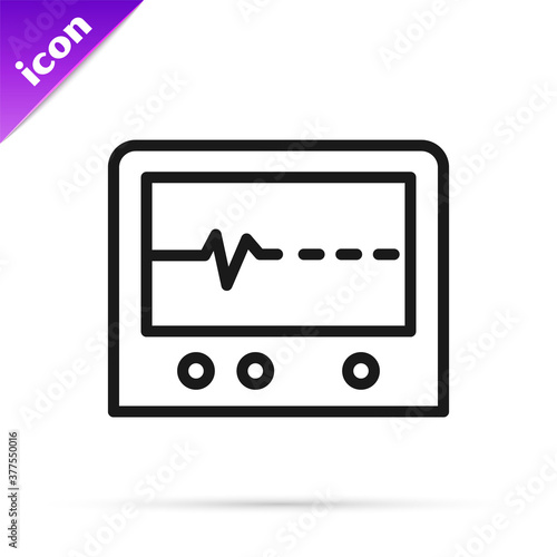 Black line Beat dead in monitor icon isolated on white background. ECG showing death. Vector.