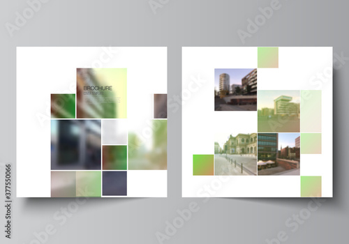 Vector layout of two square format covers design templates for brochure  flyer  magazine  cover design  book design  brochure cover. Abstract project with clipping mask green squares for your photo.