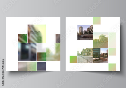 Vector layout of two square format covers design templates for brochure, flyer, magazine, cover design, book design, brochure cover. Abstract project with clipping mask green squares for your photo.