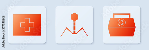 Set Bacteria bacteriophage, First aid kit and First aid kit. White square button. Vector.