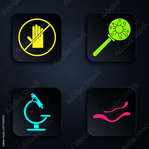 Set Ebola virus disease, No handshake, Microscope and Virus under magnifying glass. Black square button. Vector.