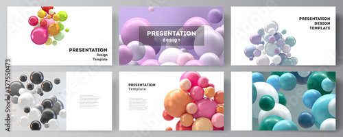 Vector layout of presentation slides design templates, multipurpose template for presentation brochure, business report. Abstract futuristic background with colorful 3d spheres, glossy bubbles, balls.
