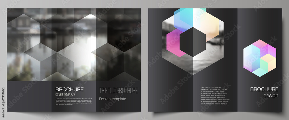 Vector layouts of covers design templates with abstract shapes and colors for trifold brochure, flyer layout, magazine, book design, brochure cover, advertising mockups. - obrazy, fototapety, plakaty 